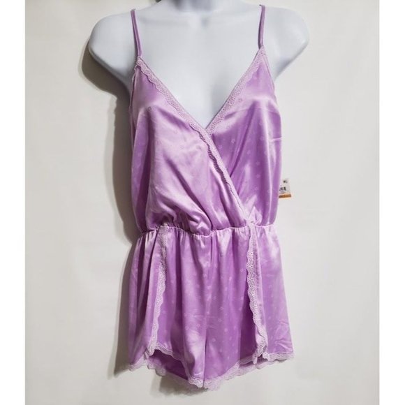 New Satin Lace-Trimmed Jacquard Pajama Romper, XS - Picture 3 of 4